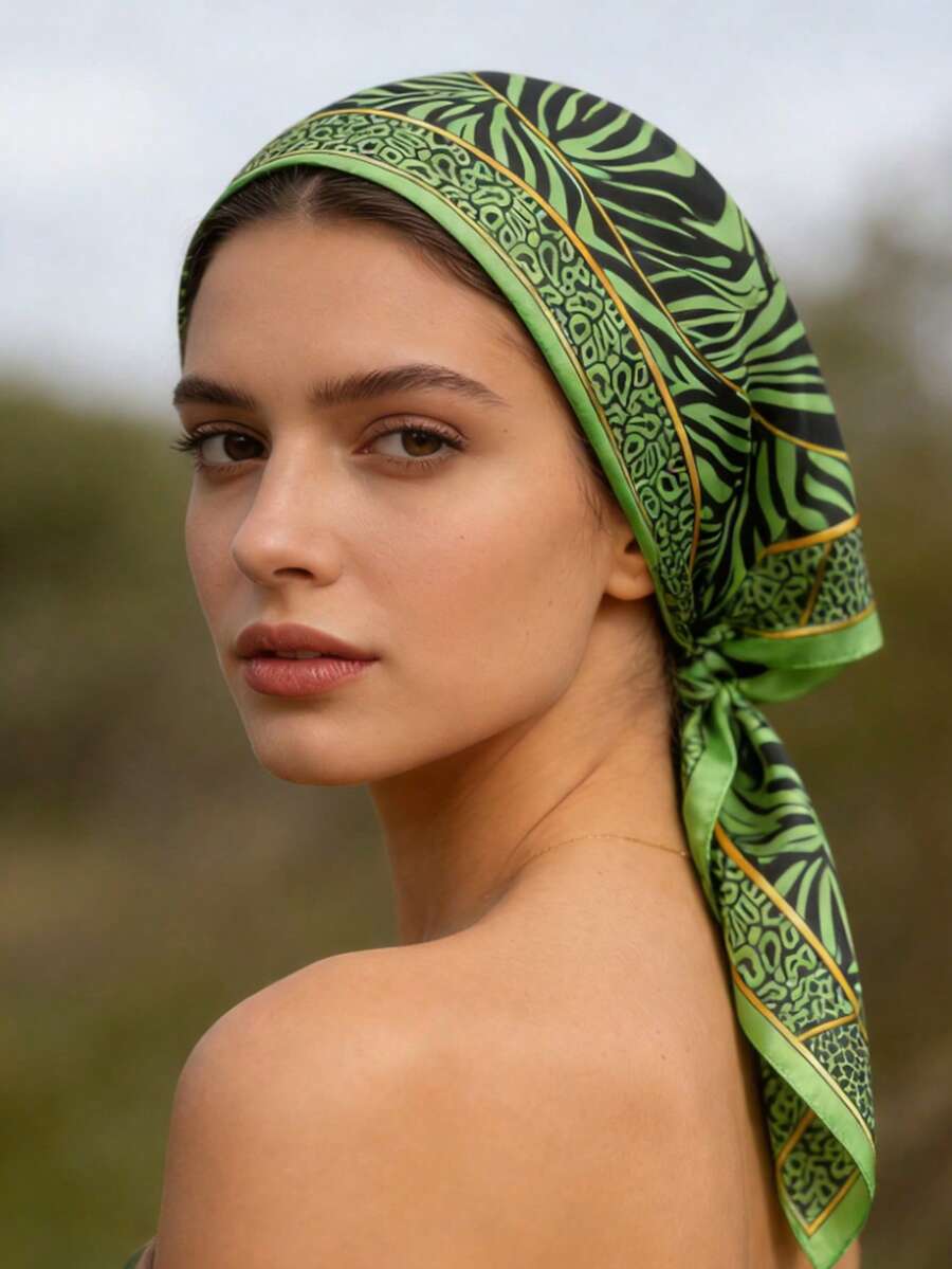 1条方形丝巾，女士缎面印花发带，头巾，时尚头巾，披肩，围巾，送给女朋友、妈妈的礼物 - 綠色 - 查看 1