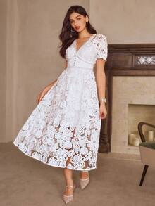 Simplee Women's Spring/Summer New Delicate 3D Embroidered V-Neck White Puff Sleeve Pearl Trim A-Line Dress, Suitable For Party, Date, Birthday, Wedding - White - View 5
