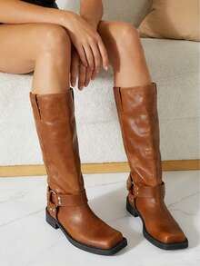 Women's Knee High Boots Slip On Riding Boots, Buckle Boots For Women, Sexy Squared Toe Low Chunky Heel Tall Motorcycle Boots Dance Party Booties - 棕色 - 查看 6