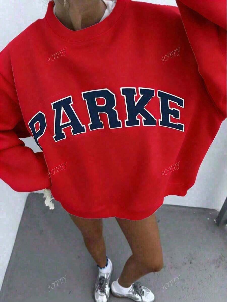 Women's Casual "PARKE" Letter Print Loose Pullover Sweatshirt, Encountering Lazy Fashion. 2026 New Y2Y Style Casual Women's Sweatshirt - Versatile For Sports, Leisure, And Everyday Wear New Years Outfit WomenWomen'S Sweatshirt - Black With Colorful Lettering, Soft Crewneck Pullover For Everyday & Special Occasions, Fall/Spr - 紅色 - 查看 1