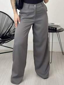 Premium Tailored Wide Leg Trousers - Grey - View 2