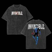 Oversize Limited Invincible Acid Wash T Shirt, Superhero Shirt, Graphic Tee, Superhero Costume, Comic Book Fan Gift, Mineral Wash - 黑色 - 查看 1