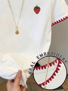 百搭草莓刺绣图案女士休闲圆领短袖T恤，夏季度假沙滩装扮 白色 - 白色 - 查看 3