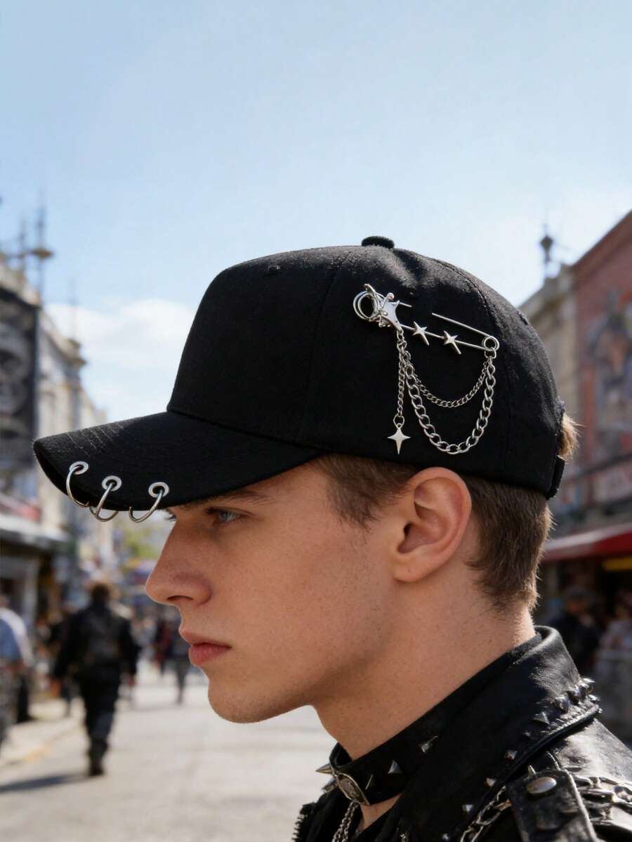 朋克风金属链条别针棒球帽，街头酷炫黑色后扣帽 - 黑色 - 查看 1