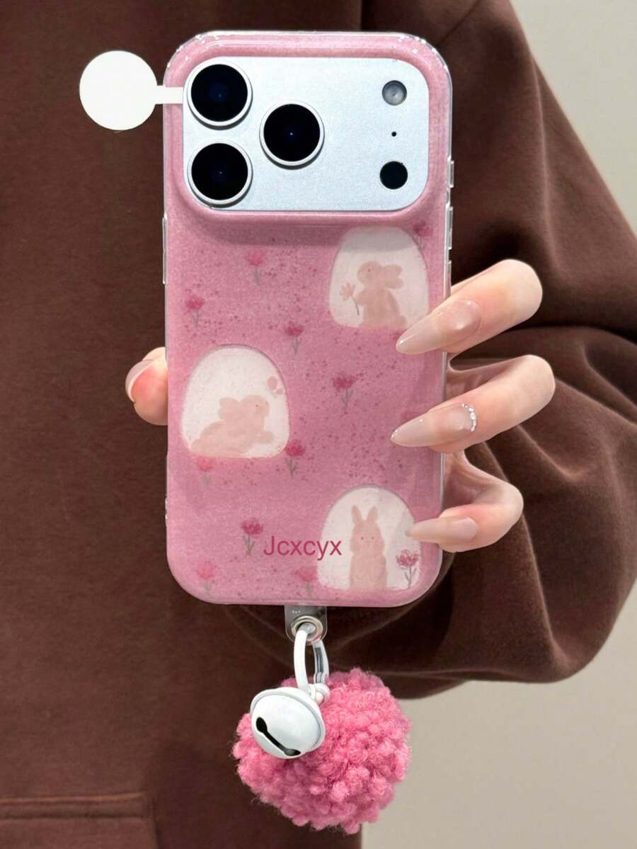 可爱卡通郁金香花兔印花软壳手机壳，带挂球吊坠，兼容 17 Pro Max、17 Pro、16 Pro Max、14、15 Pro、13、12 Pro、14 Plus、17 Air、11