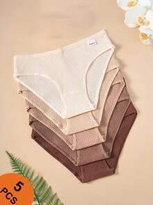 5pcs/Set Teenage Girls' Cotton Basic Ribbed Solid & Striped Comfortable Underwear Briefs, Autumn/Winter - Maroon - View 2