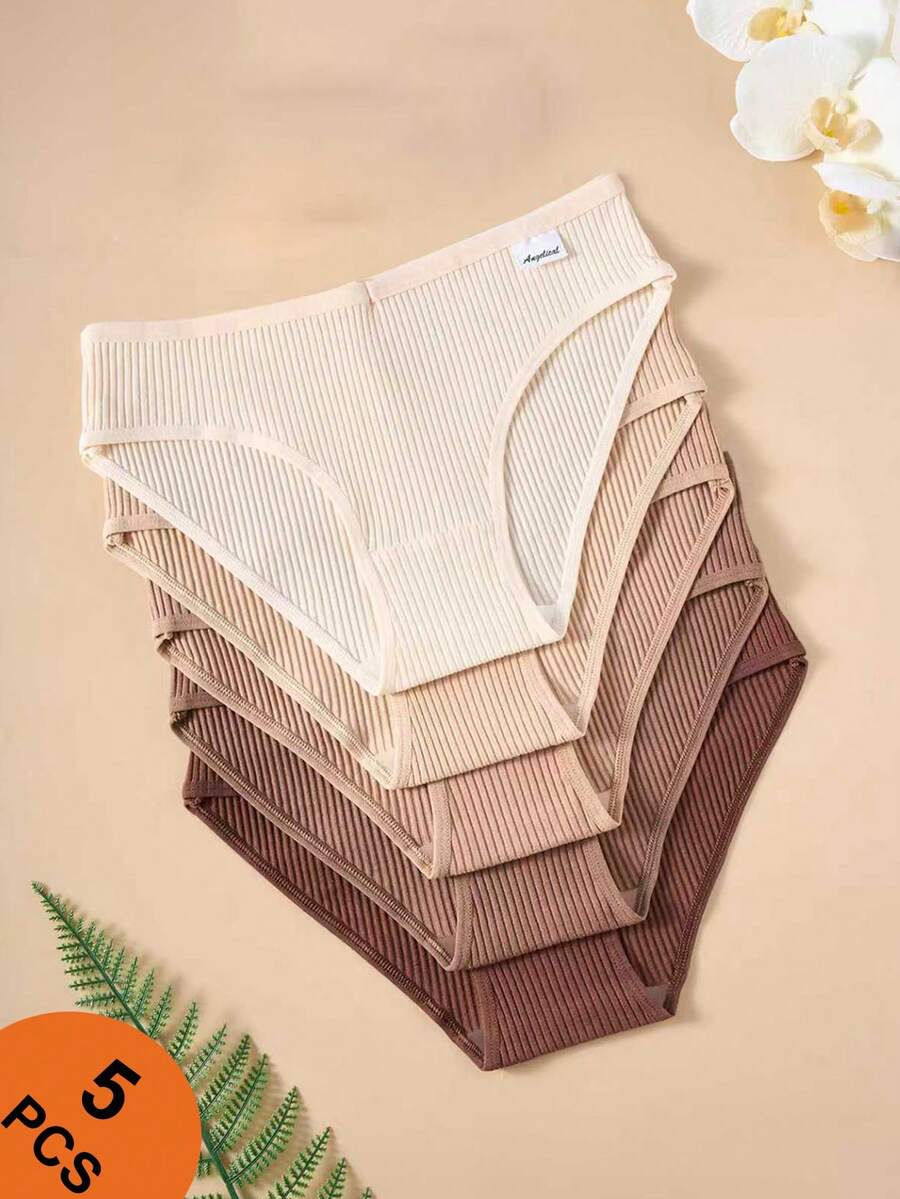 5pcs/Set Teenage Girls' Cotton Basic Ribbed Solid & Striped Comfortable Underwear Briefs, Autumn/Winter