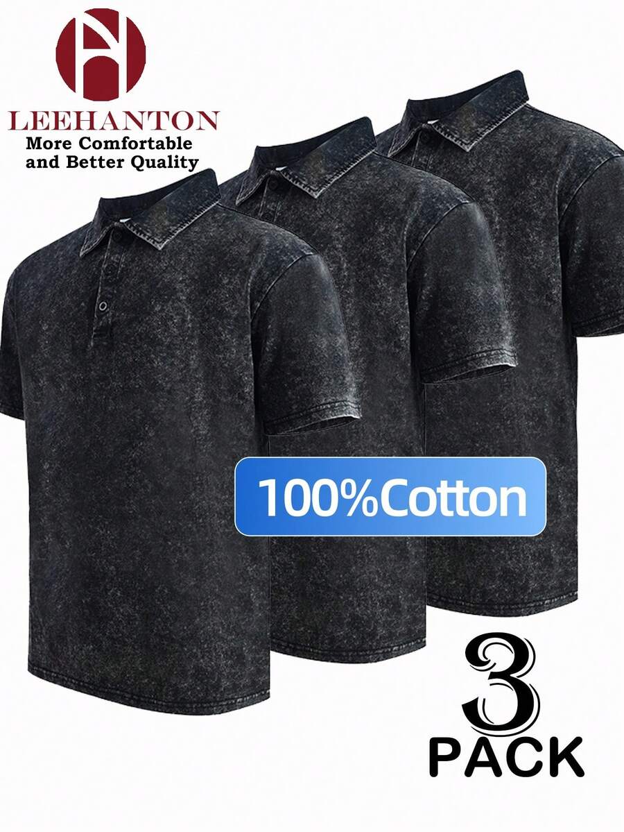 3-Pack Of 100% Cotton Polo Shirts For Men, Washed Cotton Summer Shirts, Suitable For Business Commutes, School Wear, Polo Shirts, High-Quality Pure Cotton. A Good Gift For Men, A Valentine's Day Gift. - 黑色 - 查看 1
