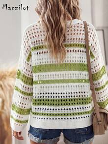 Women's Loose Sheer Striped Hollow Out Cover Up, Round Neck 3/4 Sleeve Pullover Top, Spring - Multicolor - View 2