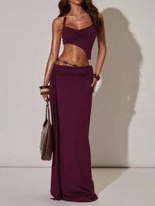 两件套女士优雅露背褶皱吊带背心和长裙，中等弹力，波西米亚休闲风，新款时尚创意夏季套装 - 紫色 - 查看 5