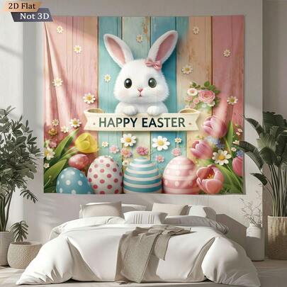 1 pezzo Arazzo a tema pasquale, con conigli carini e colorati, uova di Pasqua, motivi floreali, decorazione per la casa, camera da letto, soggiorno, celebrazione di Pasqua