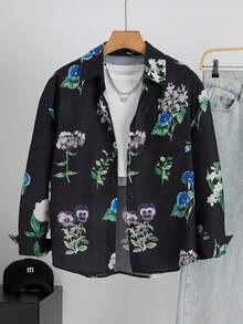 Women's Floral & Leaf Print Button Down Shirt Vacation Spring - Dark Black - View 3