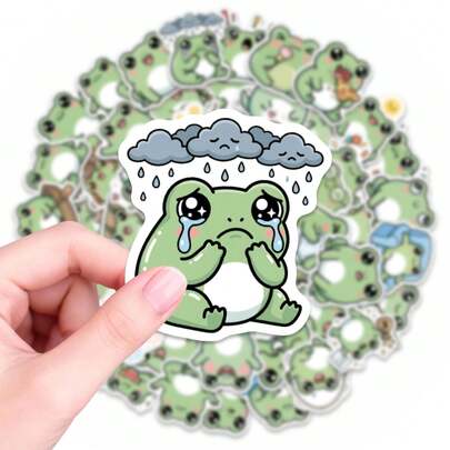 56张可爱青蛙生活贴纸 - 绿色青蛙阅读、击鼓和吃东西，表情萌趣十足，可爱乙烯基贴纸，适用于日记本、笔记本电脑和DIY工艺品