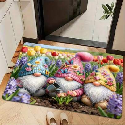 1 pieza Felpudo decorativo de punto con diseño de gnomos de primavera, decoración del hogar. Tres gnomos de punto de colores vibrantes con acentos florales en sus sombreros azules, rosas y amarillos, anidados en una escena floral. Lavable a máquina, de secado rápido y ligero.