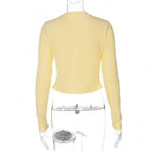 Fashionable Streetwear Button-Up Cardigan, Solid Color Slim Fit Long Sleeve Top Spring - Yellow - View 5