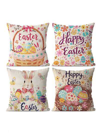 4pcs, Easter Egg Bunny Flower Colorful Art Throw Pillow- Soft And Comfortable Sofa Pillow For Living Room, Bedroom, Home Decor Cushion- Square Cushion Cover, No Pillow Core, Decorative Throw Pillows, Sofa Cushion Cover, Bedroom Decor, Floral Design, Contemporary Style, Cover, Soft Fabric, No Insert Needed, Decorative Pillowcase, Cozy Home Lovers, Home Stylists