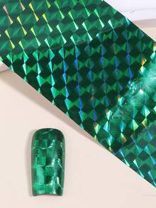 10片全息绿色美甲箔贴纸，金属绿色闪光亮片不对称薄片几何星空纸质DIY美甲贴膜装饰美甲用品 - 彩色 - 查看 7