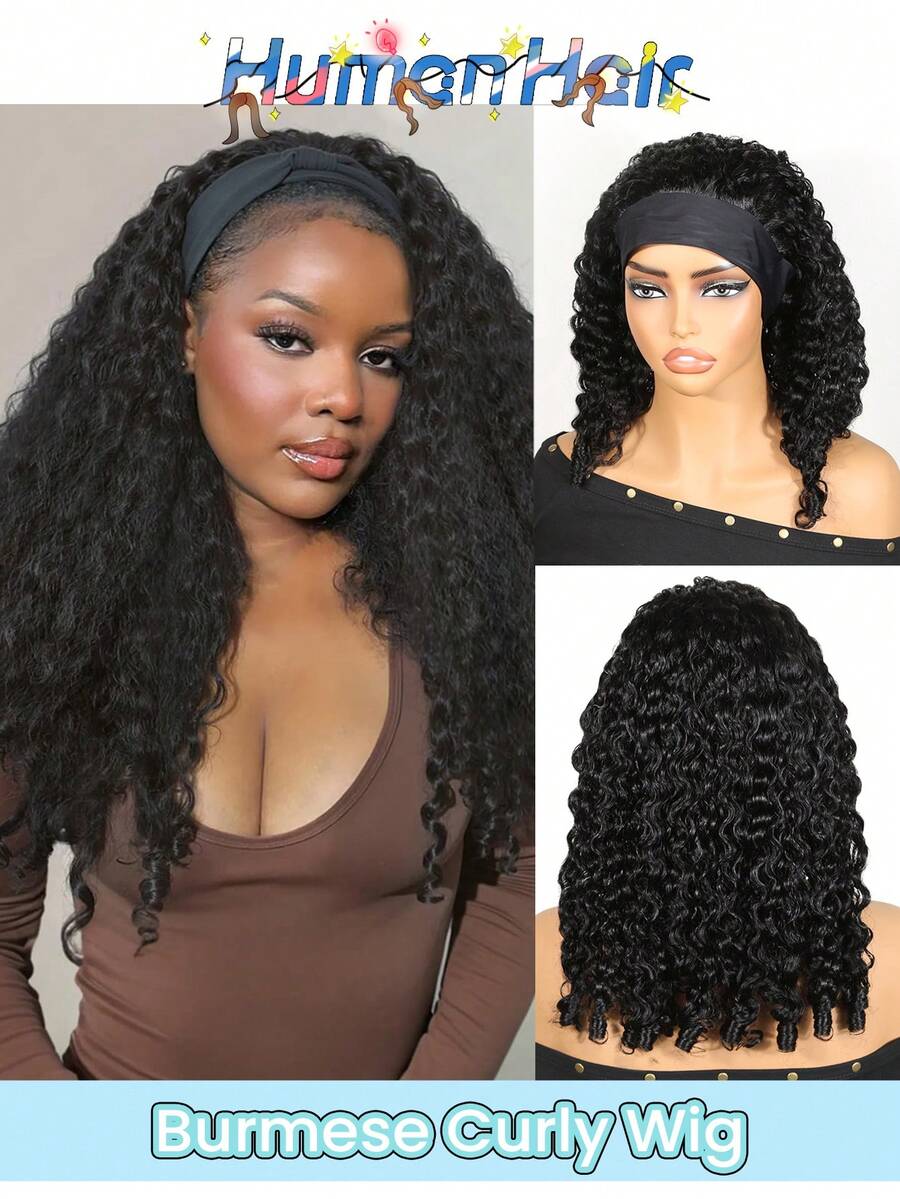 18英寸缅甸卷发发带假发，易于佩戴，150%密度，无胶水蓬松卷曲假发，水波纹真人发，无蕾丝，发尾卷曲蓬松，深波浪卷发，自然黑色，即买即用 - Natural Black - 查看 1