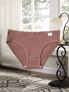 5pcs/Set Teenage Girls' Cotton Basic Ribbed Solid & Striped Comfortable Underwear Briefs, Autumn/Winter - Maroon - View 5