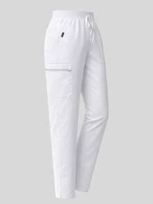 cimmuovere Pantalon droit à poche de couleur unie pour femmes grandes tailles. Tenue de travail pour infirmière, dentiste, soins de santé, animalerie, laboratoire. Blanc, printemps - Blanc - Voir 8