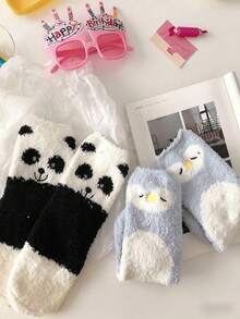 1 Pair Women's Pink Cute Plush Pig Design Warm Thermal Lined Short Socks, Autumn/Winter - Pink - View 2