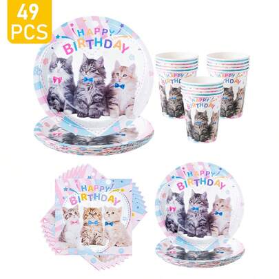 1 Set Cute Cat Happy Birthday Disposable Plates, Napkins, Cups, Suitable For 8 Guests, One-Time Party Supplies, Fit For Birthday, Wedding, Theme Party, Family Picnic