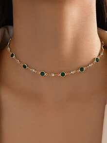 1pc Vintage Green Rhinestone Necklace, Retro Short Choker Necklace For Women - Green - View 1