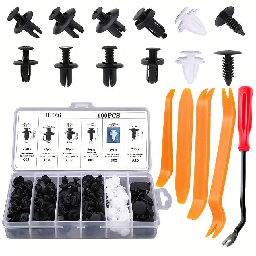 105件套汽车紧固件组合套装，含拆卸工具，通用汽车尼龙塑料铆钉，车门面板保险杠卡扣套装，用于车辆装饰和面板维修（HE26） - 固定件夾 - 查看 1