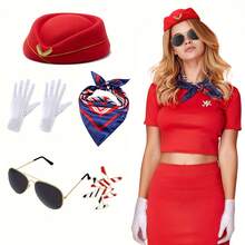 5pcs Women's Pilot Role Play Costume Set, Includes Hat, Scarf, Glasses, Gloves, Flight Attendant Makeup Party Outfit, Suitable For Role Play, Party And Dance Stewardess Costume - Multicolor - View 11