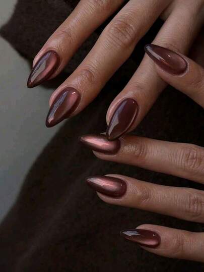 24 piezas de uñas postizas de estilo ojo de gato en color nude clásico, brillantes y elegantes, adecuadas para otoño/invierno, fiestas de San Valentín, incluye 1 pieza de gel de gelatina y 1 pieza de lima para uñas