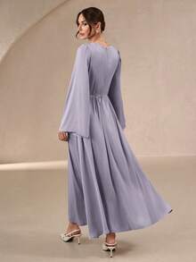 女士春夏灰紫色圆领喇叭袖长款连衣裙，优雅褶皱腰身喇叭长裙，适合办公室、度假、婚礼、约会和日常穿着。 - 紫色 - 查看 2