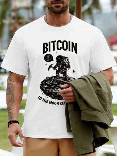 Bitcoin Astronaut and Moon Mining Autumn T-Shirt, Premium Cotton, Graphic Design, Casual, Breathable, New Arrival