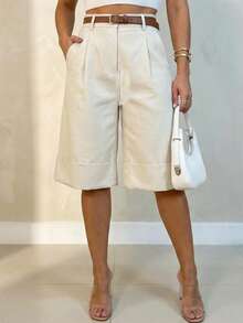 Women's Loose Fit Wide Leg Cuffed Capri Pants In Light Apricot, Suitable For Daily Wear, Street Style And Office, Versatile Item [Belt Not Included], Spring/Summer - Asaan - View 9