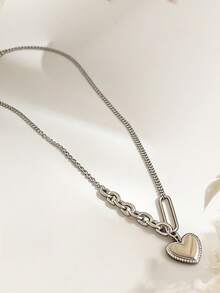 1pc Minimalist INS Style Fade-Resistant Silver Heart Pendant Titanium Steel Necklace, Personalized Niche Luxury Women Necklace - Silver Heart Pendant Necklace - View 2