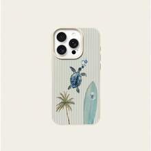1pc TPU Material Refreshing Blue Striped Sea Turtle & Palm Tree Surfboard Pattern Phone Case Compatible With IPhone 17 Pro Max/17/16 Pro Max/15/13/12/11, S20 FE/A15/S24/A55, Compatible With Redmi Note 11/12/13 Pro, Full Coverage Anti-Drop Soft Protective Cover,International Version, Not The Domestic Version - White - View 5