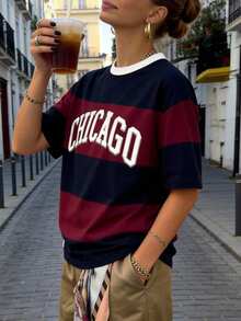LOVE JOYY 女士运动风藏青酒红条纹圆领短袖T恤，复古宽松舒适时尚芝加哥字母印花休闲街头风上衣，夏季 - 彩色 - 查看 8