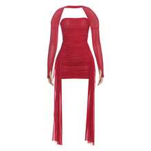 Fashion New Women's Halter Neck Sleeveless Mesh Ribbon Ruched Sexy Short Dress Set - Pink (with Scarf) - View 9