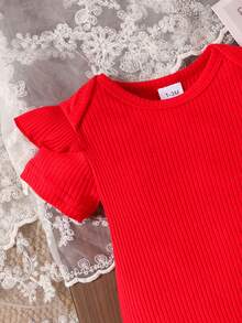 2件套女婴可爱红色罗纹连体衣+樱桃印花背带裙套装，春夏假日 - 紅色 - 查看 7