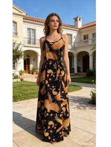 Printed Summer Dress In Crepinho Fabric - 駝色 - 查看 2