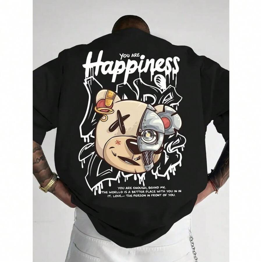 Basic Cotton Unisex T-Shirt Happiness Bear Street Style Streetwear Promotion Fast Shipping - 黑色 - 查看 1