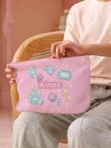 1pc Customized Name Cartoon Valentine's Day Heart & Flower Pattern Corduroy Toiletry Storage Bag, Perfect For Organizing Toiletries On The Go, Customizable Based On Your Unique Design, Suitable For Children, Print Your Own Name Or Your Sister's And Classmate's Name As A Gift - Multicolor - View 9