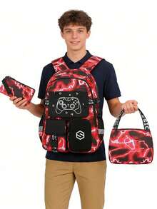 1 Set Kids Backpack With Cool Pattern, USB Charging Port, Game Controller Print, Includes Lunch Bag, Luggage Strap, Zipper Closure, Multi-Pocket Design, Suitable For Daily Use, Camouflage Blue/Red Set - Lightning - View 10
