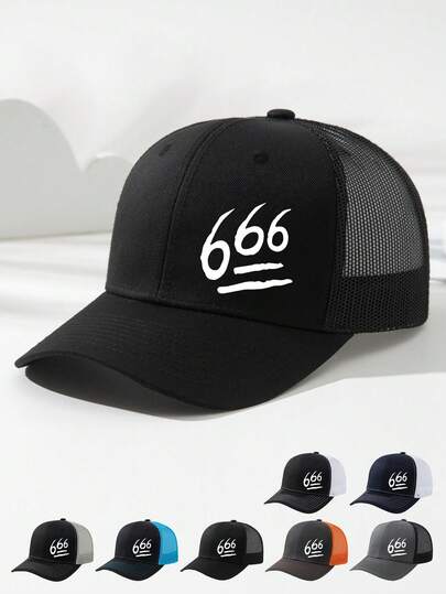 1顶男女通用666印花网眼棒球帽，遮阳透气，时尚百搭，帽围可调节，适合日常出行、聚会、户外运动、卡车司机等场合。