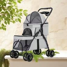 Coche de Paseo Doble Capa Desmontable para Gatos y Perros Pequeños/Medios - Cochecito de Viaje de 2 Niveles con Tela Oxford, Malla Ventilada y Cesta de Almacenamiento - Manillar Ergonómico para Salidas Seguras y Cómodas, Diseño de Dos Plataformas, Ruedas de Plástico Duraderas - Gris Claro - Ver 13
