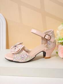 1 Pair Girls' Pink Dreamy Diamond Bow Sandals, Open Toe Low Heel, Comfortable Sparkly, Princess Style, Summer Party Shoes - Pink - View 3