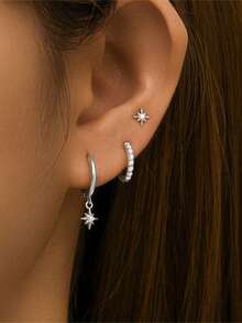 3pcs 925 Sterling Silver Dangle Huggie Earrings For Women 18K White Gold Plated Stud Earrings For Women, Hypoallergenic Cartilage Earrings For Multiple Piercing, Dainty Stackable Earrings Jewelry Set - 銀色 - 查看 2