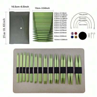 这款铝合金可拆卸圆形编织工具套装光滑无毛刺，适用于编织袜子、围巾和毛衣。配有红色便携包，方便收纳。