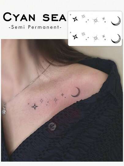 一款临时情人节纹身贴纸，Y2K 风格星月图案，适用于锁骨，防水、防汗、可水洗、不反光，逼真，适用于手臂和肩膀，适合个人使用，可持续 3-5 天。