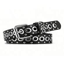 1pc Women's Belt Fashionable Rivet Belt Needle Buckle Belt Street Punk Hip Hop Style Y2K Belt Paired With Skirt Jeans Belts Fall, Autumn, Halloween - 黑色 - 查看 7
