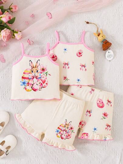 Bộ đồ hè 4 món dễ thương, thời trang, thanh lịch cho bé, bao gồm áo vest và quần short in họa tiết đáng yêu, chất liệu vải thoải mái, phù hợp cho mùa hè, kỳ nghỉ và mặc thường ngày ngoài trời.